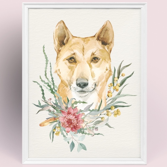 Other - Watercolor Floral Dingo Illustration Wall Art Print Poster Unframed